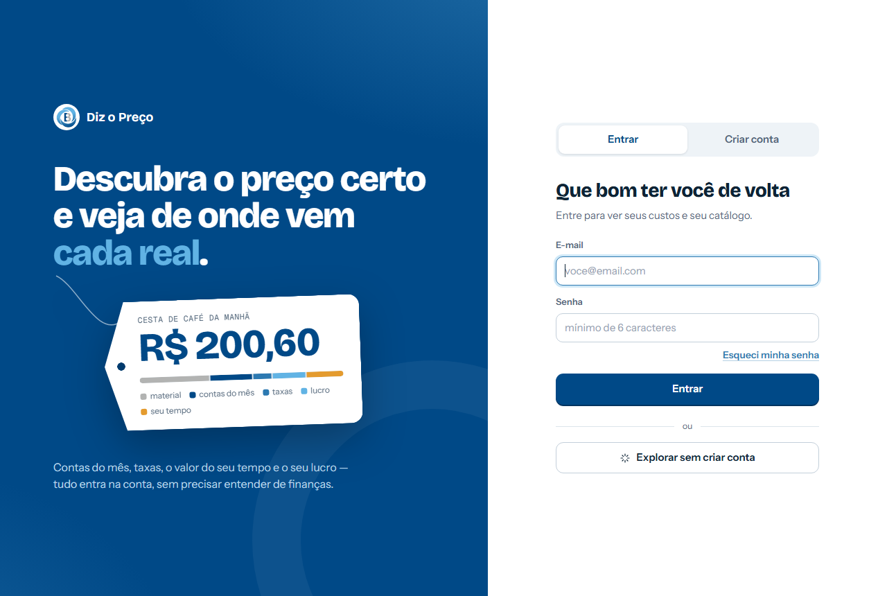 Tela de entrada da calculadora, com as abas Entrar e Criar conta