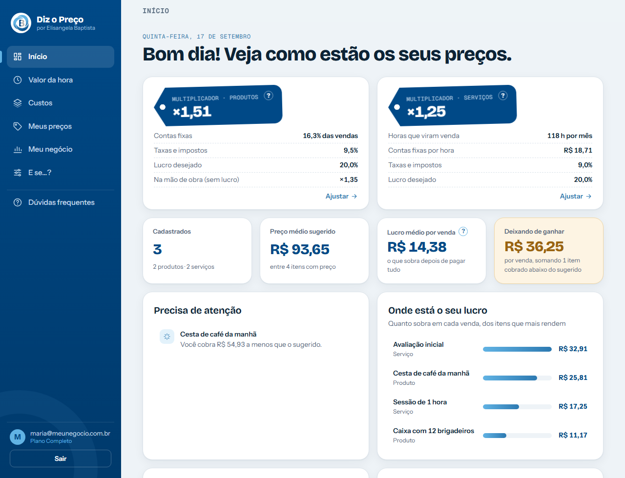 Tela de Início com multiplicadores, números do mês e avisos