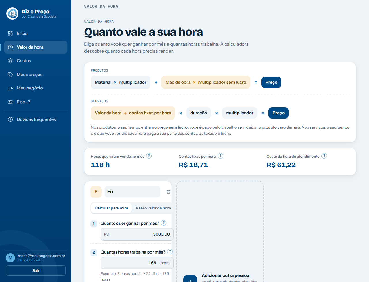 Tela do valor da hora, com remuneração, horas por mês e o valor calculado