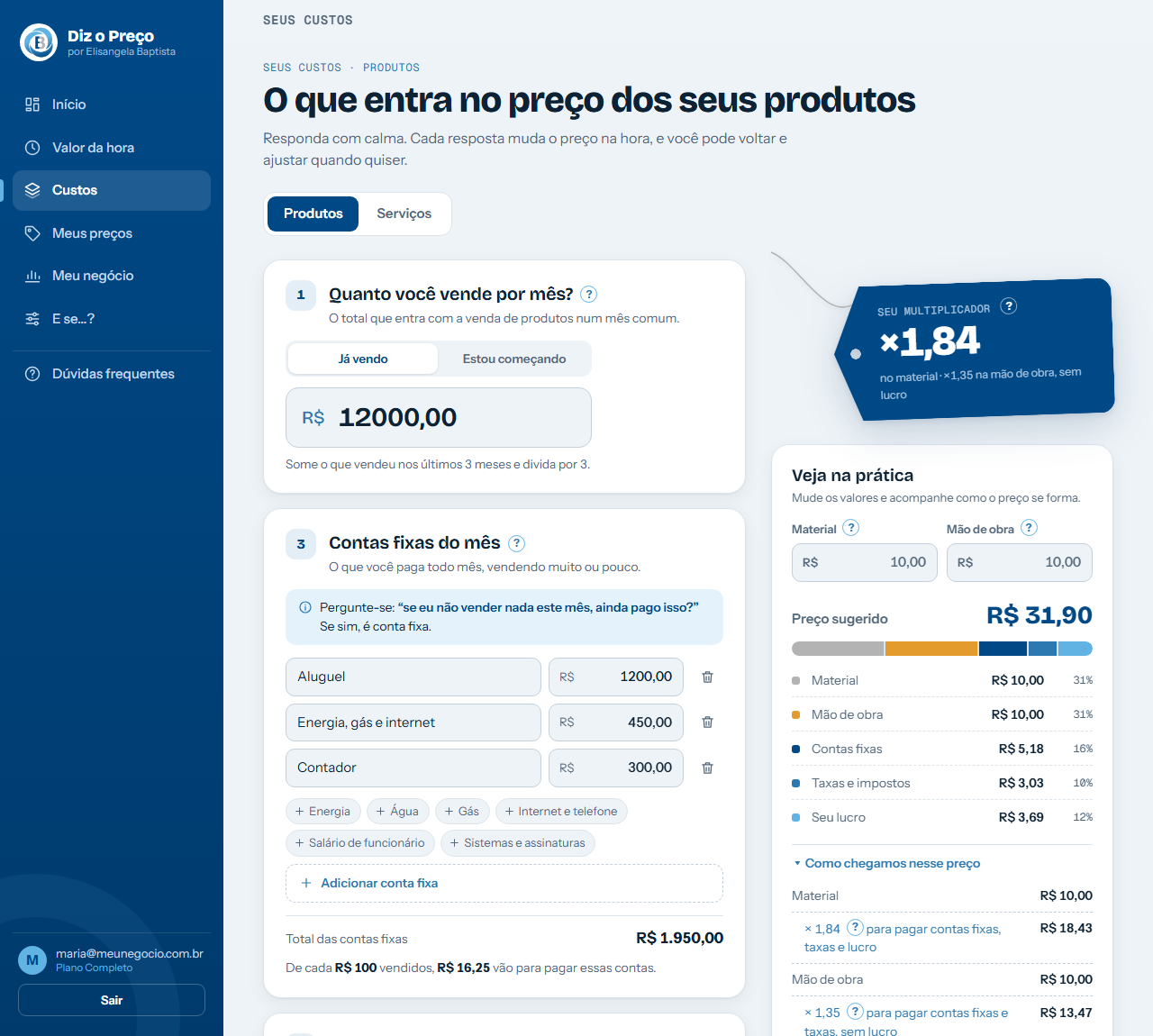Tela de custos com vendas do mês, contas fixas e o exemplo prático ao lado