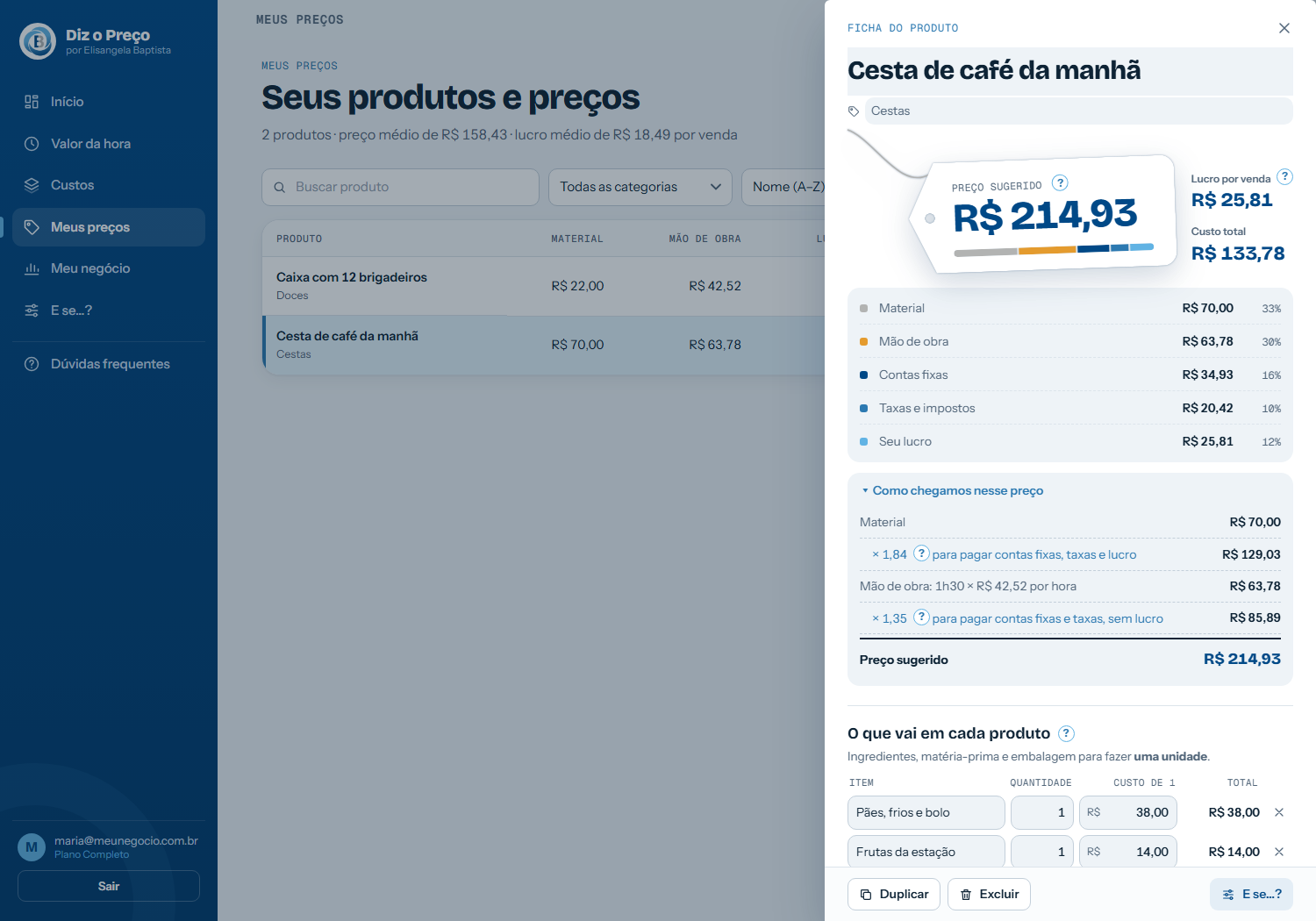 Ficha do produto aberta, com o preço sugerido, a divisão do preço e a conta explicada