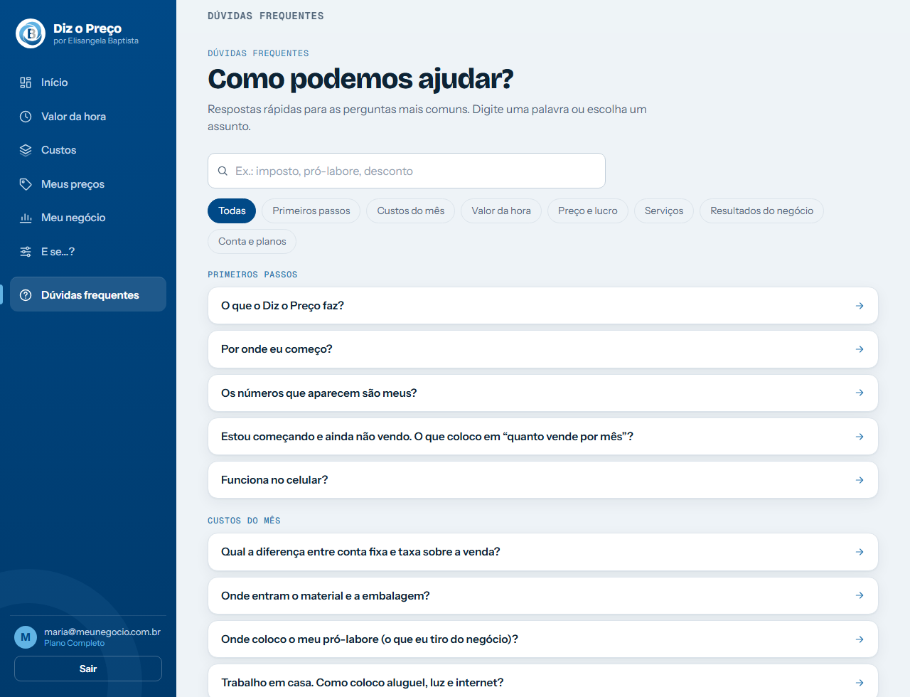 Tela de dúvidas frequentes com busca e categorias