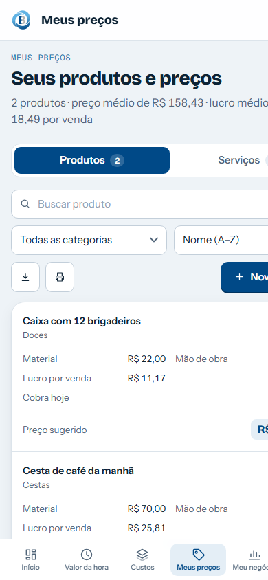 Lista de preços no celular